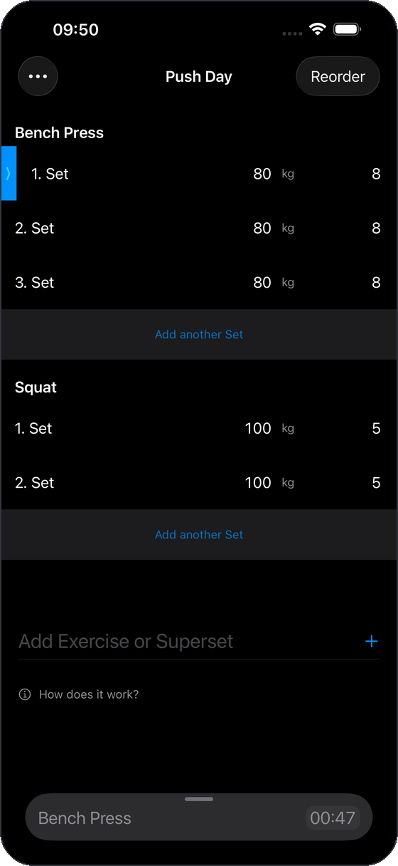 The Movr active workout session on iPhone, showing a Push Day session with bench press and squat sets